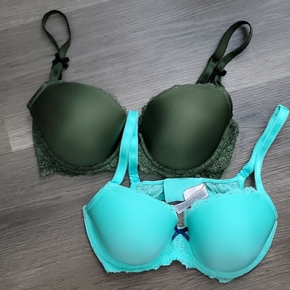 Victoria's Secret Lace Trim Bra Set - Olive and Aqua